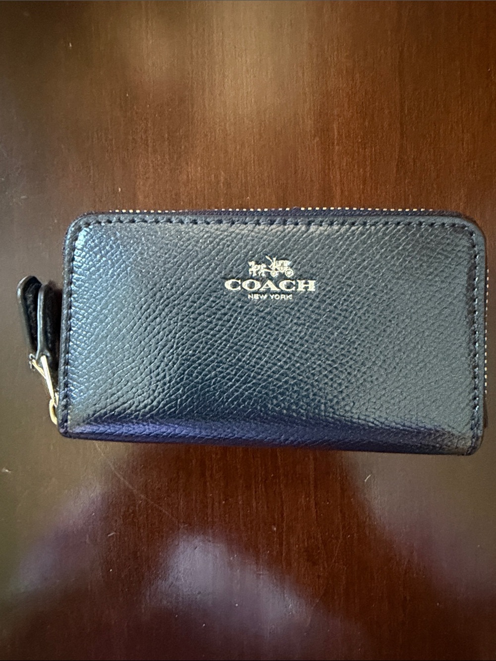Coach Navy Blue Textured Leather 2 Zip Wallet with Gold Logo